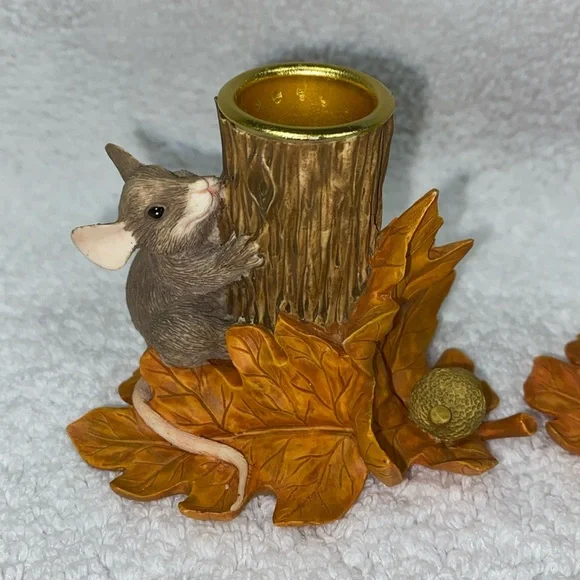 Charming Tails Mouse Candleholders Behind Stump 85/516 Rare